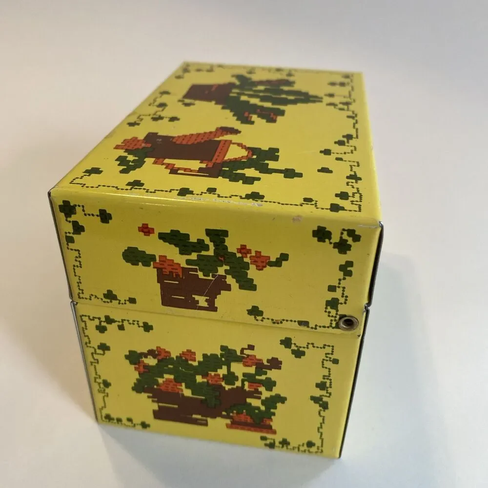Vintage CROSS STITCH Themed Metal Recipe Box Floral Cactus Syndicate MFG Empty